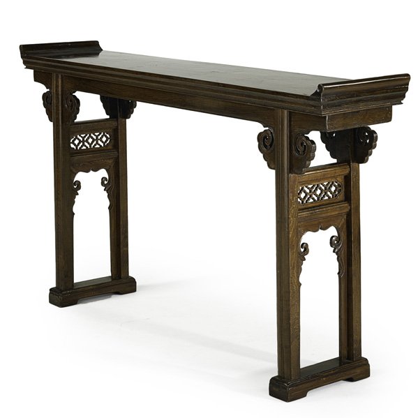 CHINESE ALTAR TABLE: Hardwood with carved decoration, 19th/20th c.; 37 1/2" x 65" x 13"