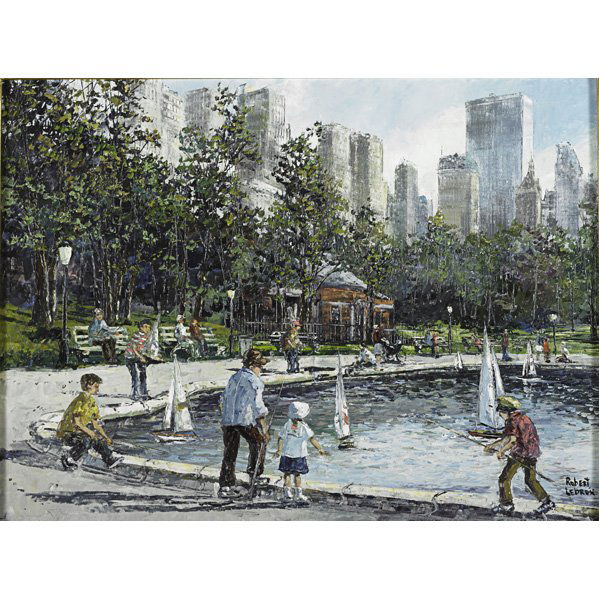 ROBERT LEBRON (American, b.1928): Oil on canvas of the Boat Pond in Central Park, New York (framed); Signed; 18" x 24"