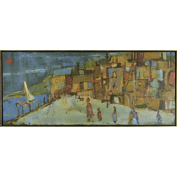 ALVIN C. HOLLINGSWORTH (American, 1928-2000): Oil on canvas abstract with figures in a landscape (framed); Signed; 20" x 48"
