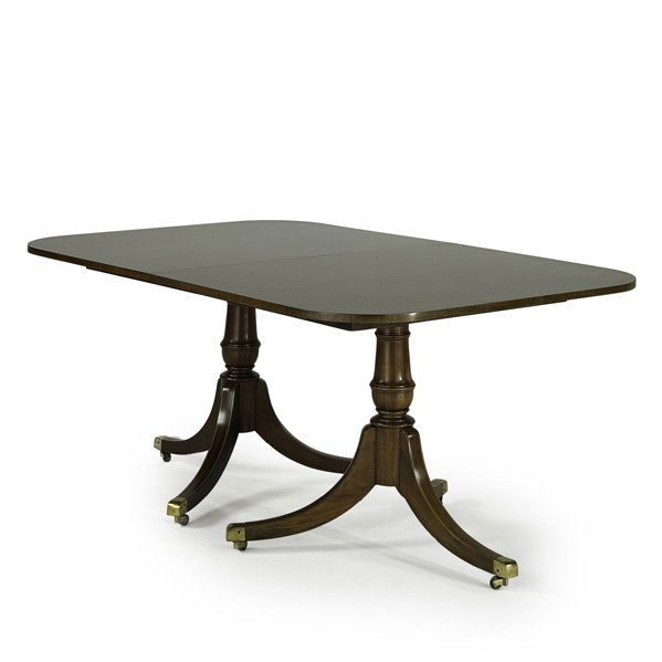 CUSTOM MADE DINING ROOM TABLE: Mahogany, banded top on double pedestal base, (2) 22" leaves, 20th c.; 30" x 72" x 46"