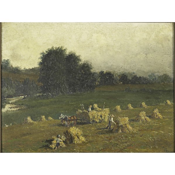 EARLY 20TH C. AMERICAN LANDSCAPE: Oil on panel of a haying scene, 1900 (framed); Monogrammed and dated; 9 1/4" x 12"