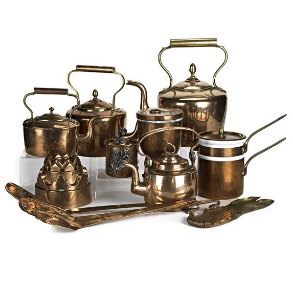 COPPER KITCHENWARE: Twelve items include four gooseneck tea kettles, Gorham mixed metal sugar canister, etc., 19th/20th c.; Some marked; Tallest: 11 3/4"