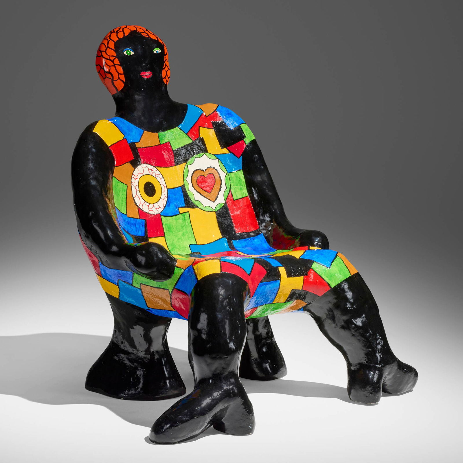 Niki de Saint Phalle, Clarice chaise femme: Niki de Saint Phalle Clarice chaise femme 1982painted polyester resin 47 h x 44.5 w x 35 d in (119 x 113 x 89 cm) Impressed signature and number to lower edge 'Niki 13/20' with maker's mark. T