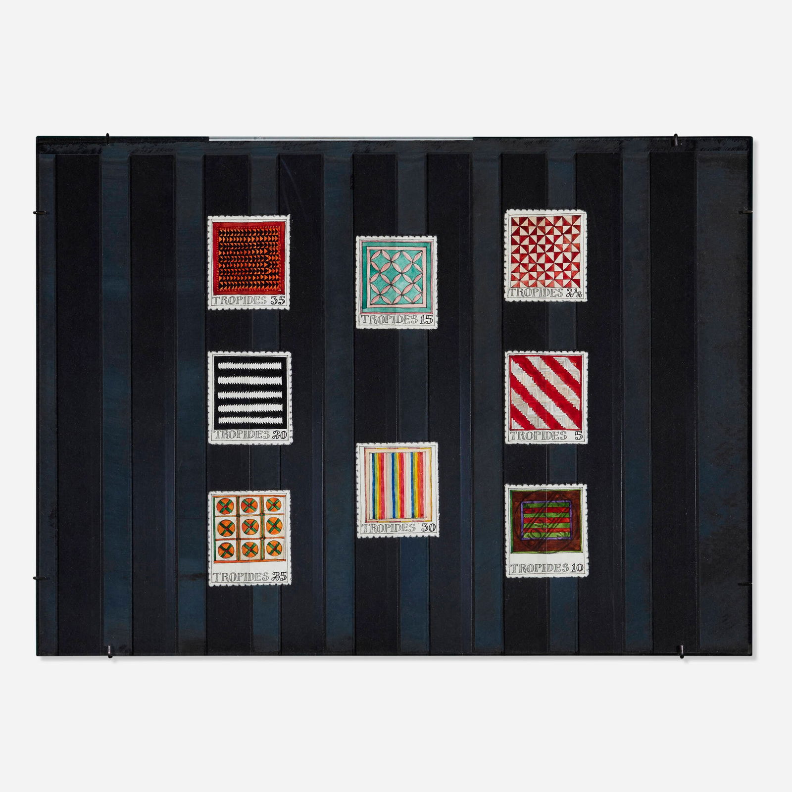 Donald Evans, 1964. Tropdesian pieced quilts: Donald Evans 1964. Tropdesian pieced quilts 1964watercolor and graphite on paper in artist-made frame overall: 8.5 h x 11.5 w in (22 x 29 cm) each: 1.5 h x 1.375 w in (4 x 3 cm) Pro