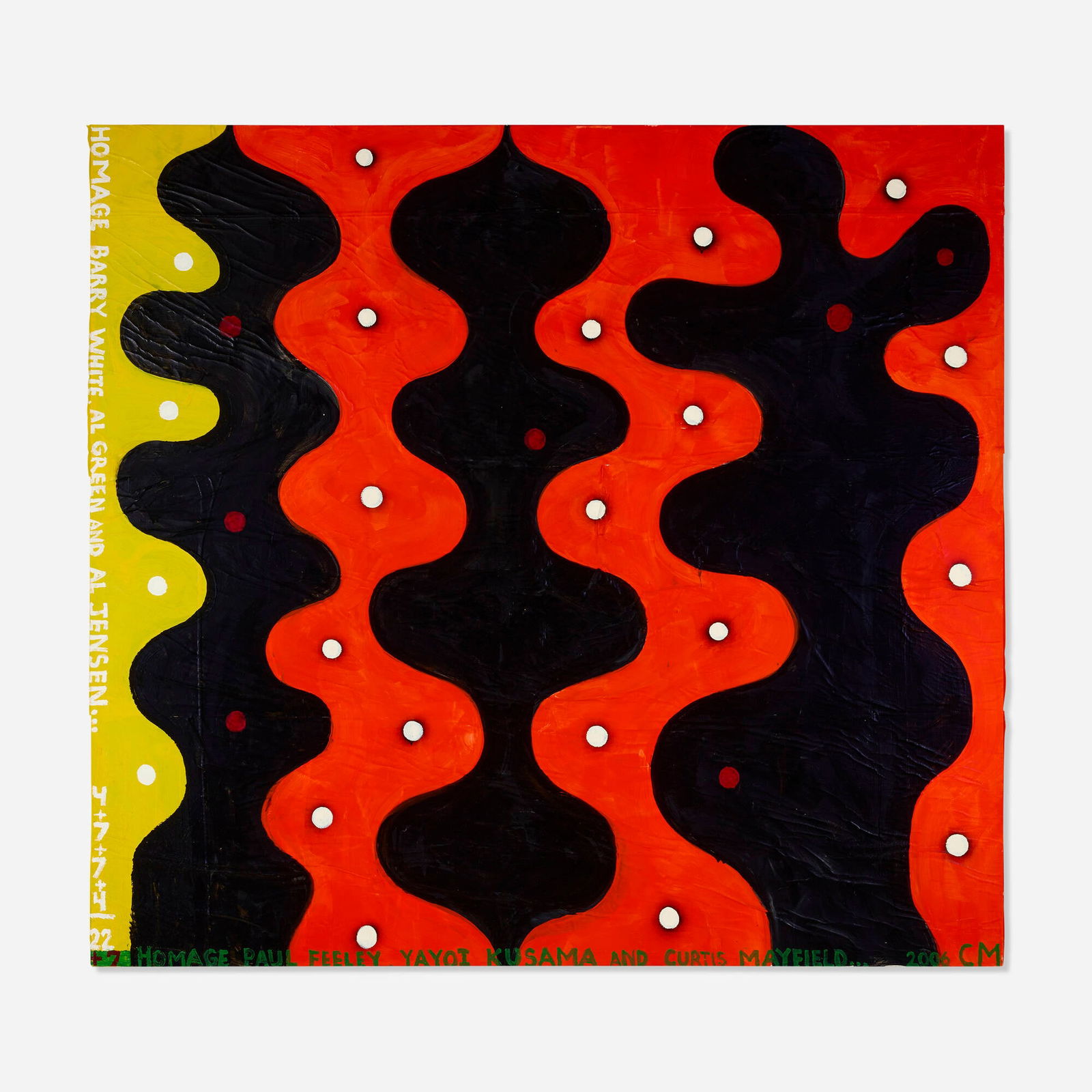 Chris Martin, The Curtis Mayfield Painting: Chris Martin The Curtis Mayfield Painting 2006oil and mixed media on canvas 59.125 h x 64.125 w in (150 x 163 cm) Signed, titled and dated to verso '2006 CM The Curtis Mayfield Painting'. <