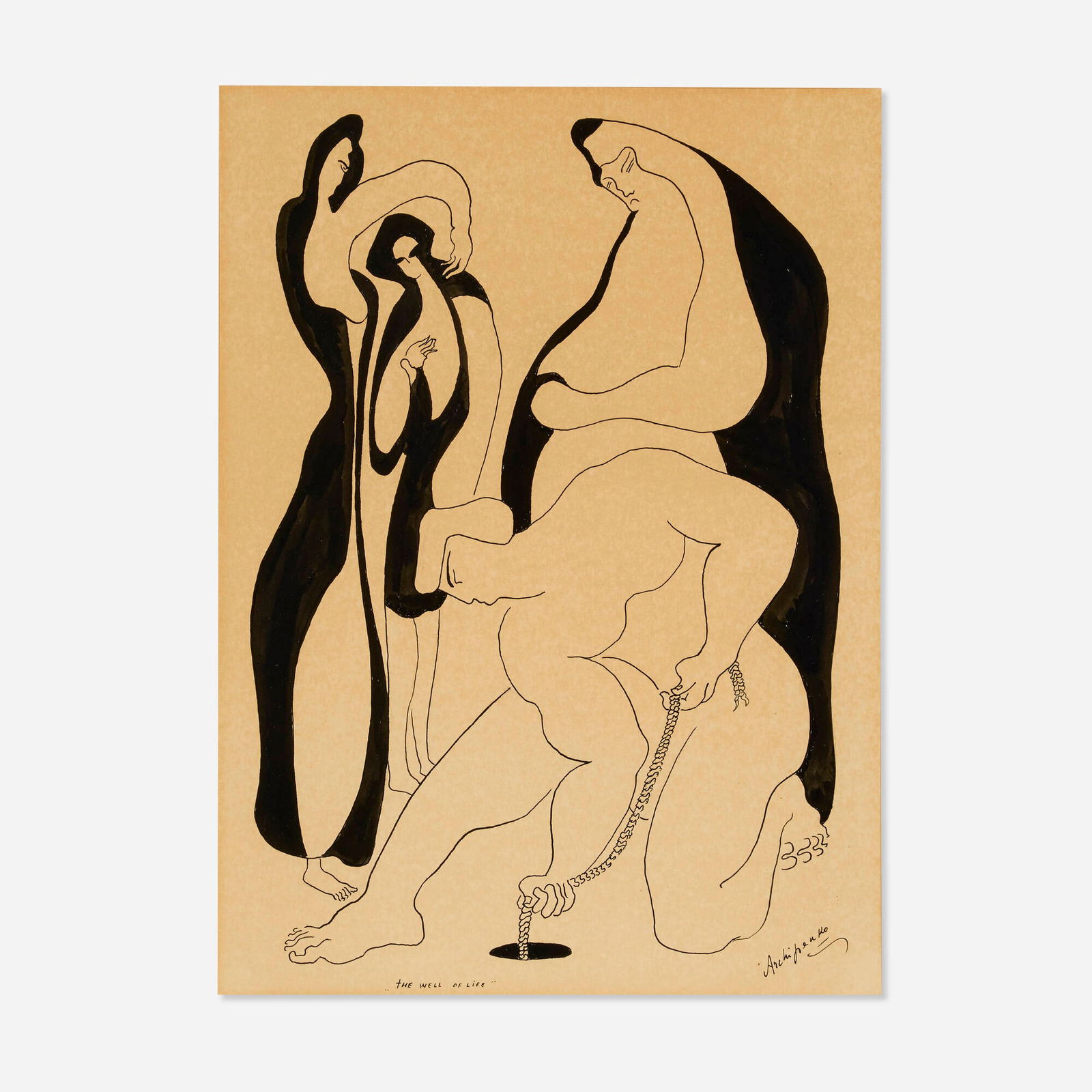 Alexander Archipenko, The Well of Life: Alexander Archipenko The Well of Life 1948ink on artist's board 20 h x 15 w in (51 x 38 cm) Signed and titled to lower edge 'The Well of Life Archipenko'. Inscribed to backing 'To Doctor Wozni
