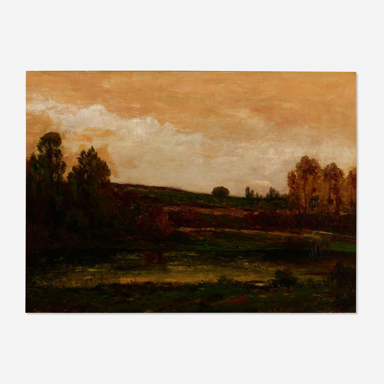 Homer Dodge Martin, Sunset: Homer Dodge Martin Sunset 1867oil on board 14 h x 19 w in (36 x 48 cm) Signed and dated to lower left 'H. Martin 1867'. Authentication note from Bruce Crane to verso. Provenance