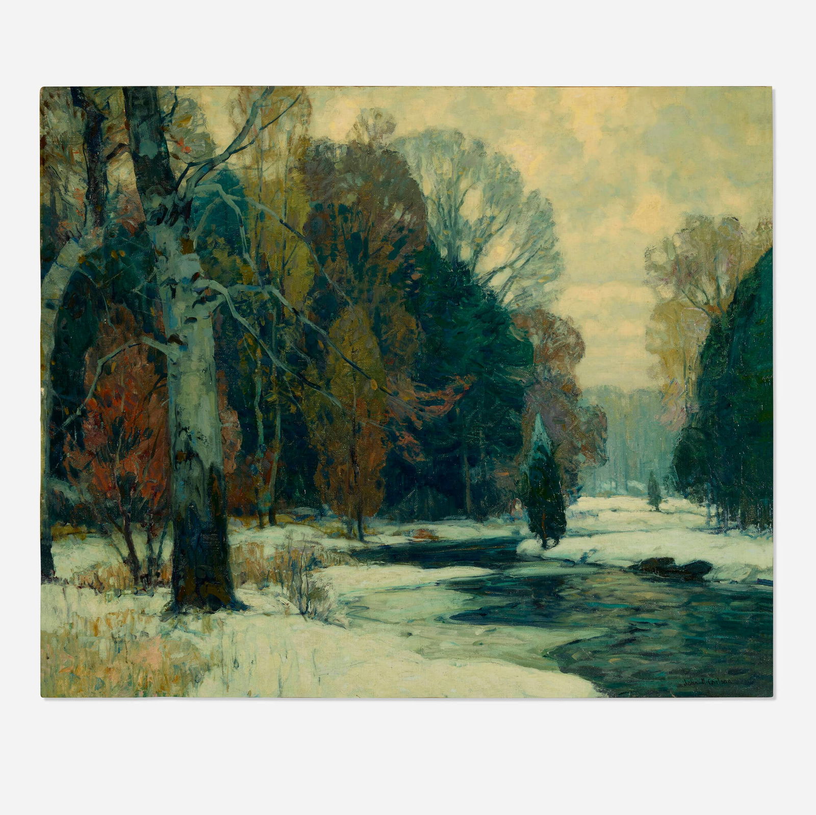 John Fabian Carlson, Southwind Thaw: John Fabian Carlson Southwind Thaw oil on canvas laid to board 25.25 h x 30.25 w in (64 x 77 cm) Signed to lower right 'John F. Carlson'. Exhibited: Annual Oil Exhibition<