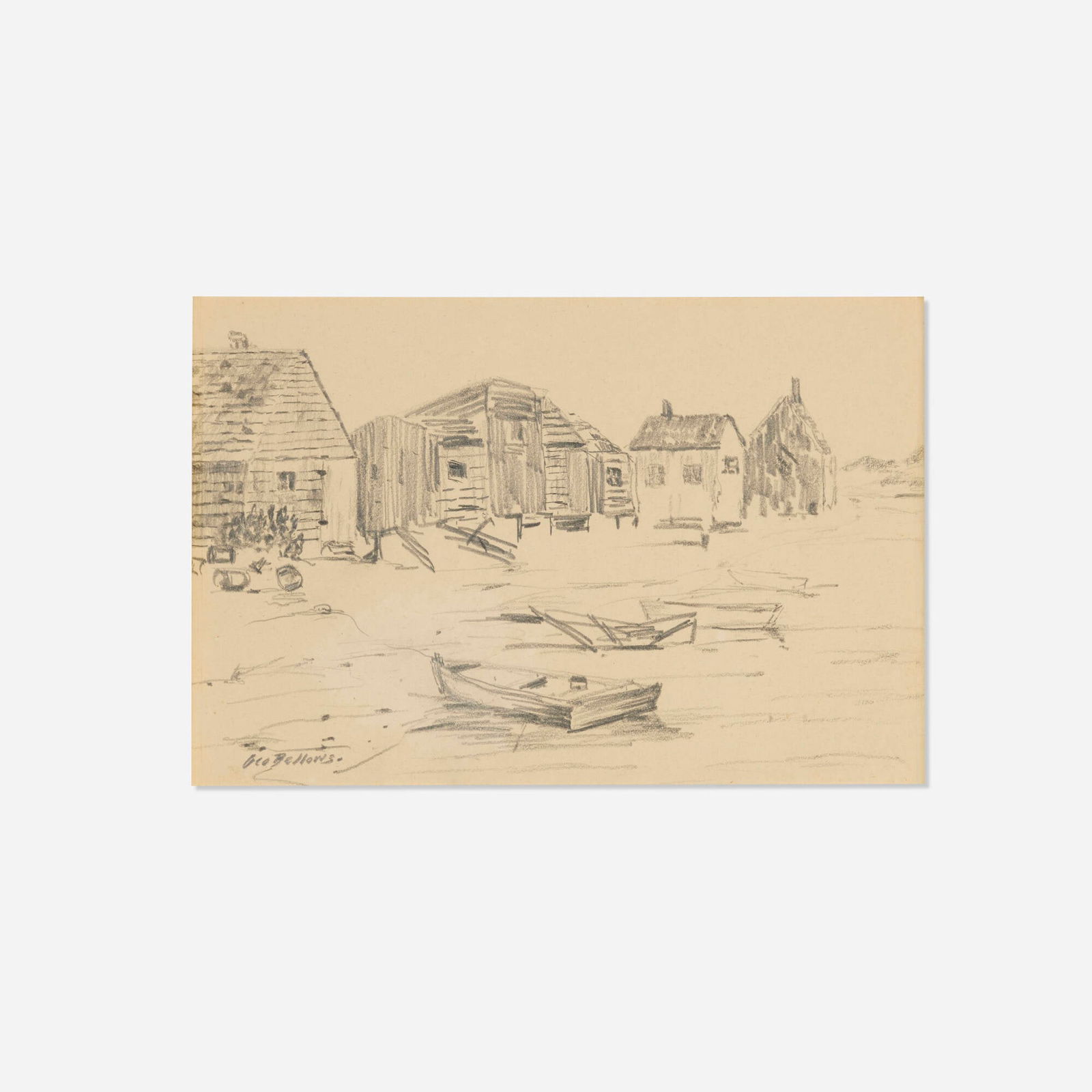 George Bellows, Fish Shacks: George Bellows Fish Shacks graphite on paper sight: 6.75 h x 10.125 w in (17 x 26 cm) Signed to lower left 'Geo Bellows'. Provenance: Green River Gallery, Millerton, NY | Acq