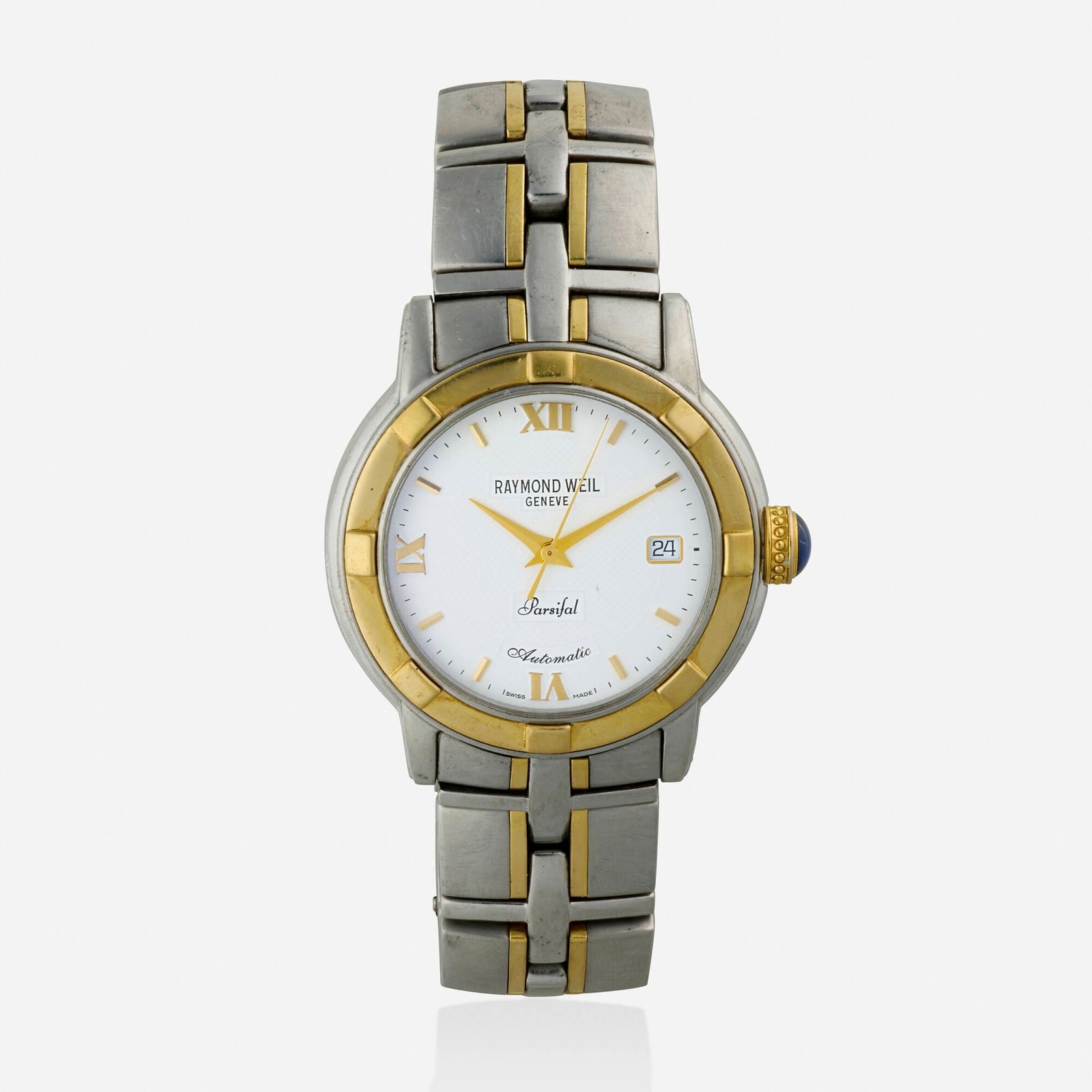 Raymond Weil, 'Parsifal' gold and stainless steel wristwatch, Ref. 2840: Raymond Weil 'Parsifal' gold and stainless steel wristwatch, Ref. 2840 With Roman numeral and baton hours and date function Dial: White Movement: Automatic Case material: 18k yellow go