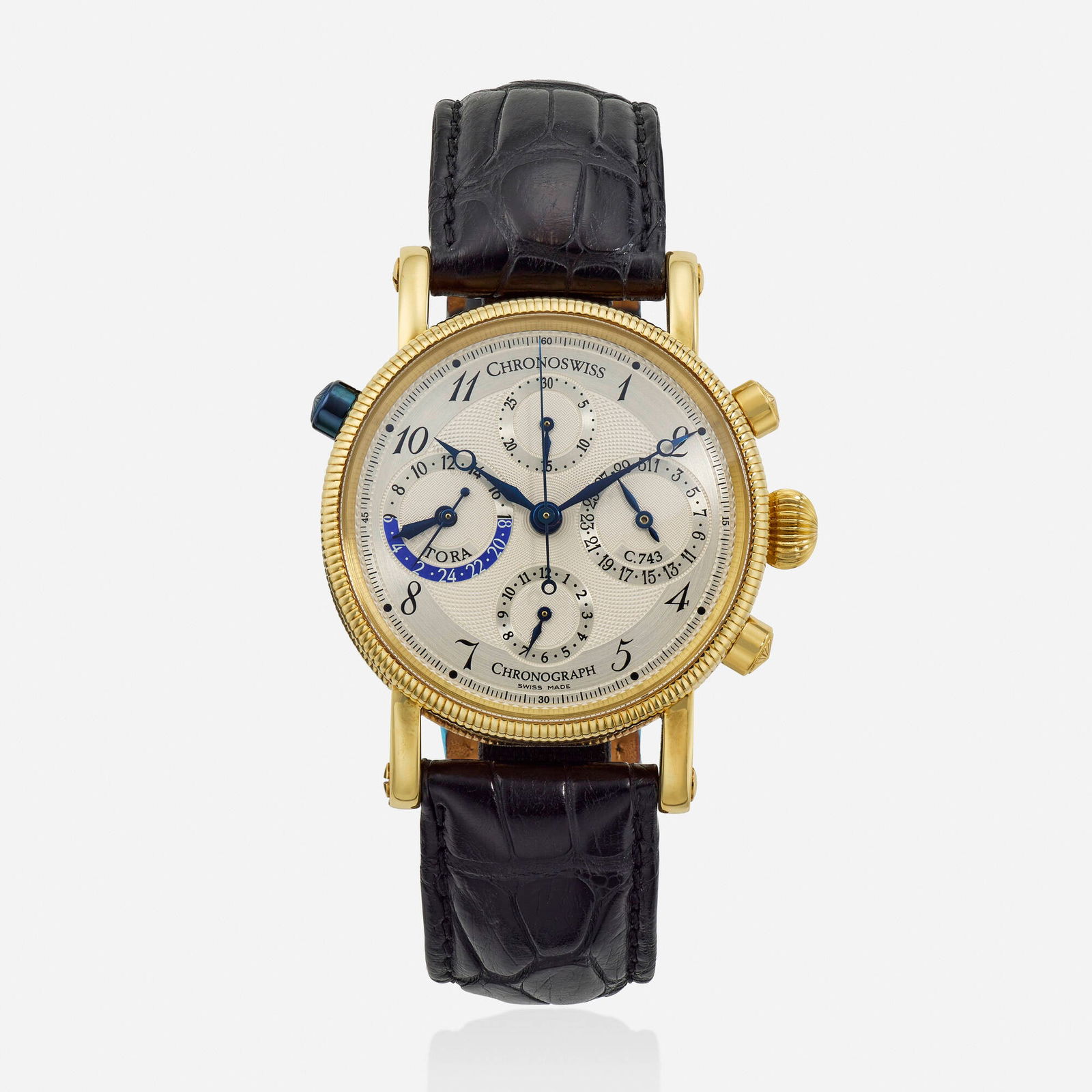 Chronoswiss, 'Tora' gold wristwatch, Ref. CH 7421: Chronoswiss 'Tora' gold wristwatch, Ref. CH 7421 With Arabic numeral hours, chronograph, date and dual time functions Date: 2000s Dial: Silver Movement: Automatic Case material:<
