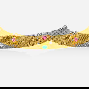 Lalaounis, Gold, diamond, and gem-set necklace: Lalaounis Gold, diamond, and gem-set necklace Set with cabochon rubies and emerald, circular-cut sapphires, and round brilliant-cut diamonds 18k yellow gold Signed ilias Lalaounis, with maker's mark