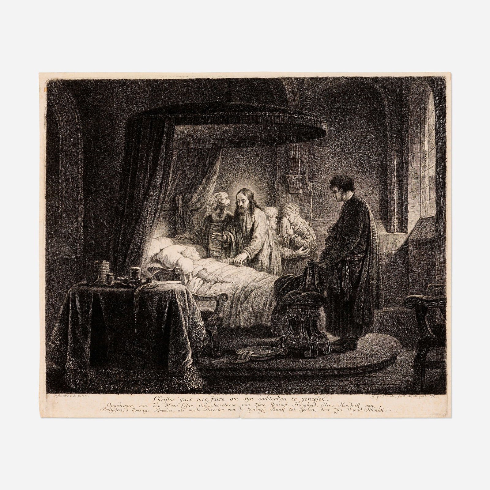 Georg Friedrich Schmidt, Christ and the Daughters of Jairus (after Rembrandt van Rijn): Georg Friedrich Schmidt Christ and the Daughters of Jairus (after Rembrandt van Rijn) 1767etching on paper image: 8.5 h x 10.625 w in (22 x 27 cm) sheet: 9.25 h x 11 w in (23 x 28 cm)
