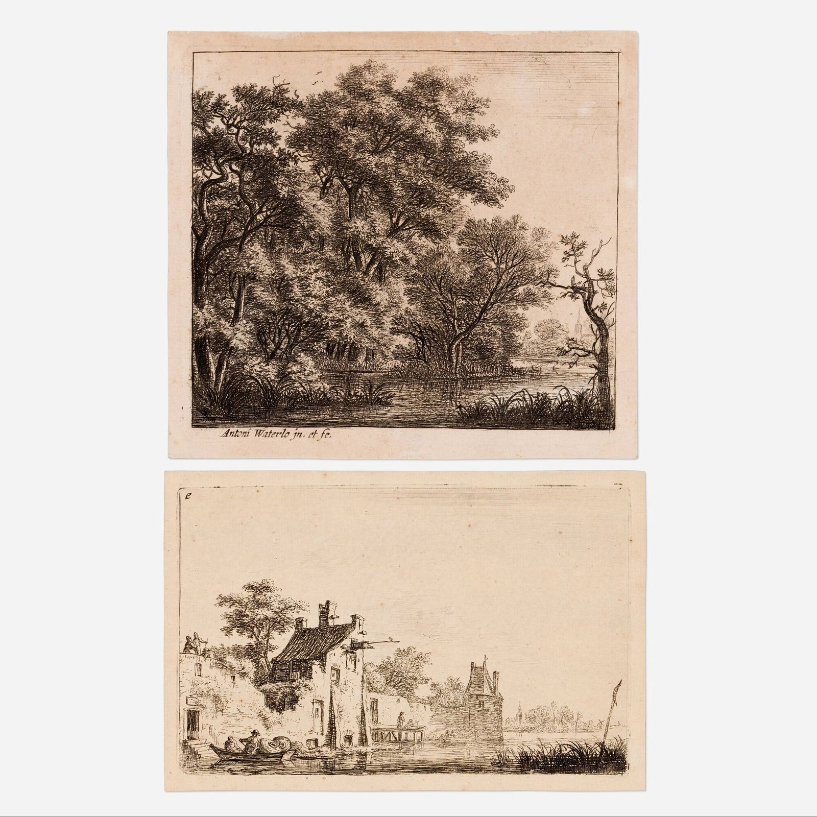 Anthonie Waterloo, River and Trees; Building and Boat on Lake (two works): Anthonie Waterloo River and Trees; Building and Boat on Lake (two works) 1949etching on laid paper sheet: 5.5 h x 5.875 w in (14 x 15 cm) sheet: 4 h x 6.125 w in (10 x 16 cm) Proven