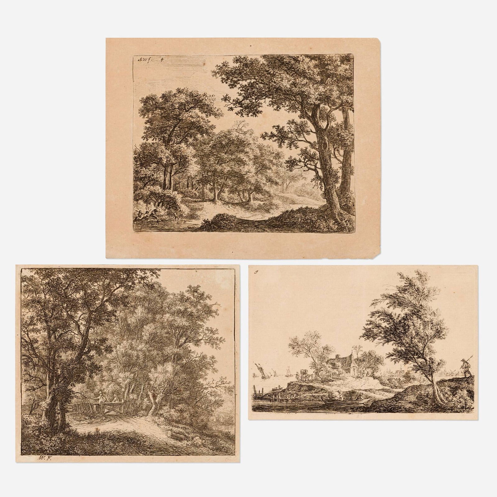Anthonie Waterloo, Three works: Anthonie Waterloo River and Trees; Building and Boat on Lake; Three People and Dog next to Water in the Forest (three works) 1949etching on laid paper sheet: 5.5 h x 6.875 w in (14 x 17 cm) sheet:
