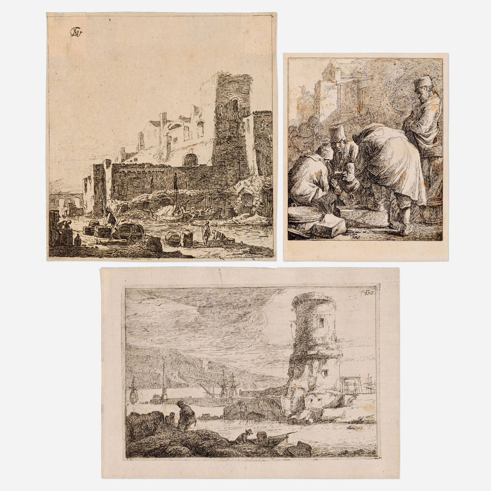 Jan Wyck, Castle and People Working; Five Peasants Talking; Castle and Boats (three works) (1 of 2)