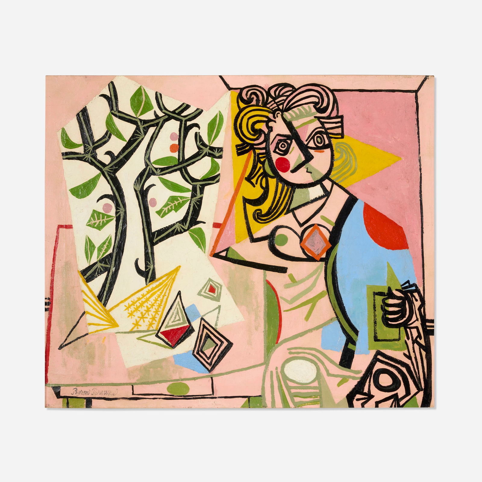 Byron Browne, Woman with Still Life: Byron Browne Woman with Still Life 1945oil on canvas 24 h x 28 w in (61 x 71 cm) Proceeds from this sale will benefit the Matthew Lehrman Osteosarcoma Fund. Signed to lower left 'Byron