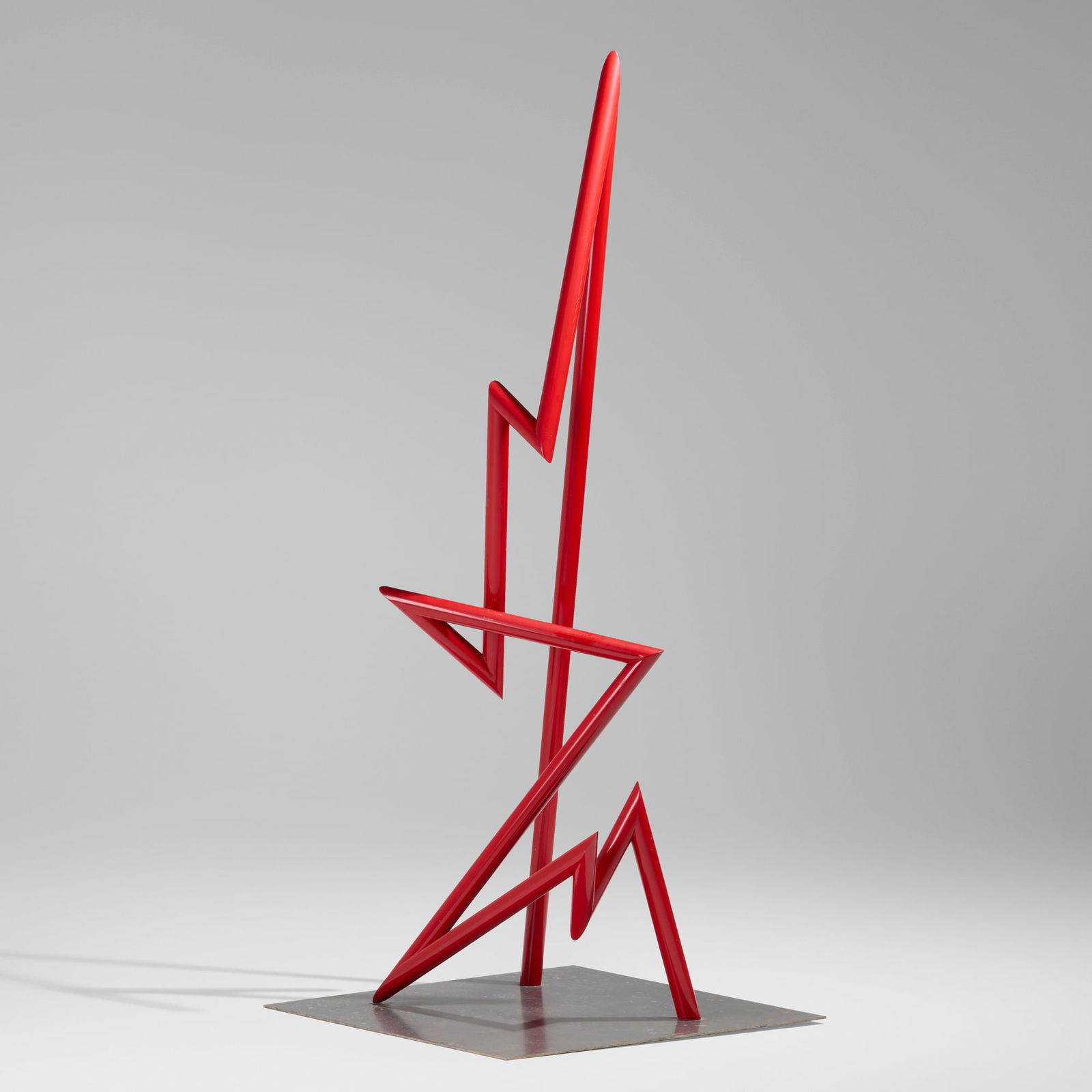 Robert Mangold, Point Traveling Through Space at an Erratic Speed #9: Robert Mangold Point Traveling Through Space at an Erratic Speed #9 1995powder-coated aluminum sculpture: 86 h x 25 w x 18.50 d in (218 x 63 x 47 cm) base: 36 h x 36 w in (91 x 91 cm) Signe