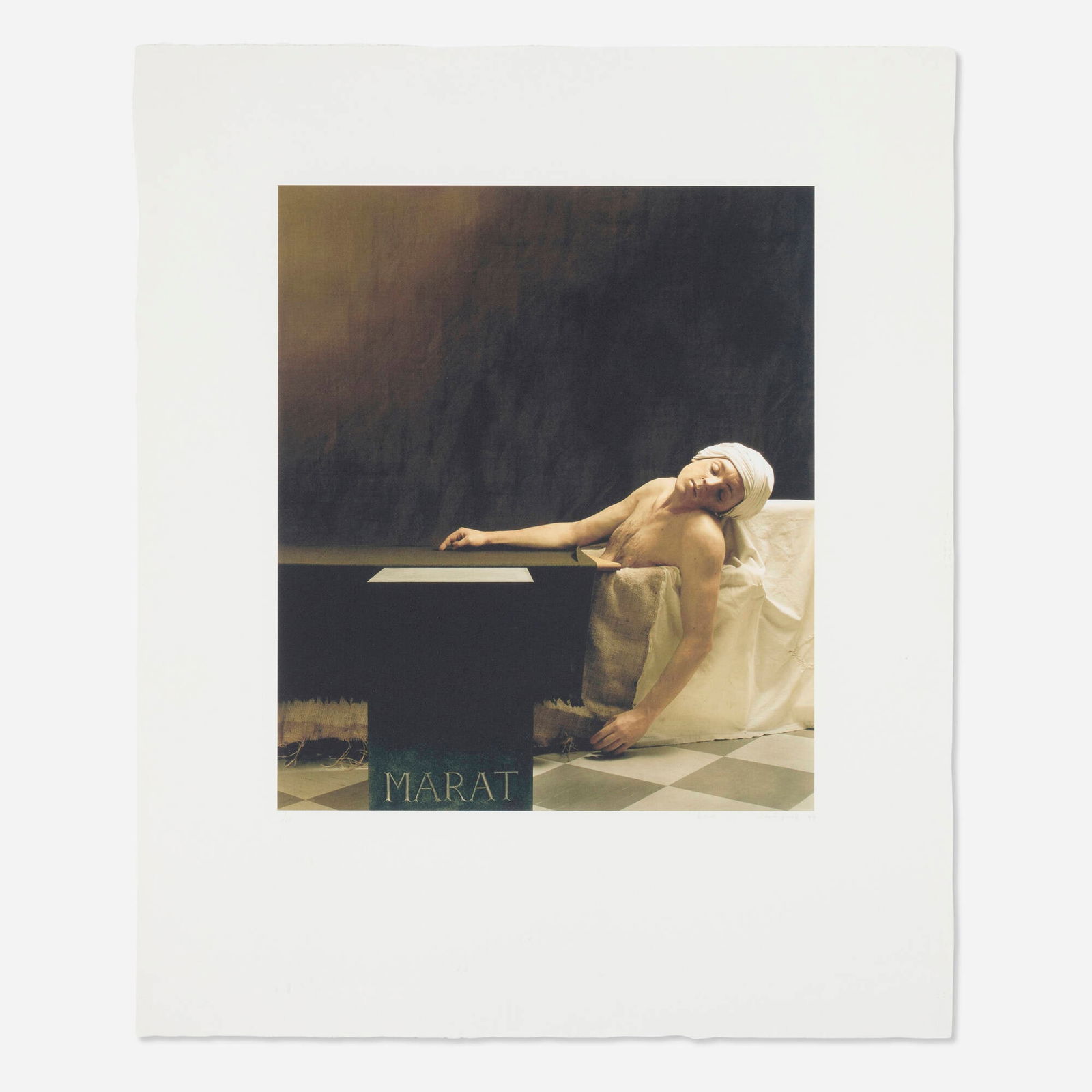 Gavin Turk, Death of Marat de Sade: Gavin Turk Death of Marat de Sade 1999iris print image: 16.25 h x 13.875 w in (41 x 35 cm) sheet: 25.75 h x 21.25 w in (65 x 54 cm) Signed, titled, dated and numbered to lower edge '1/10 D.