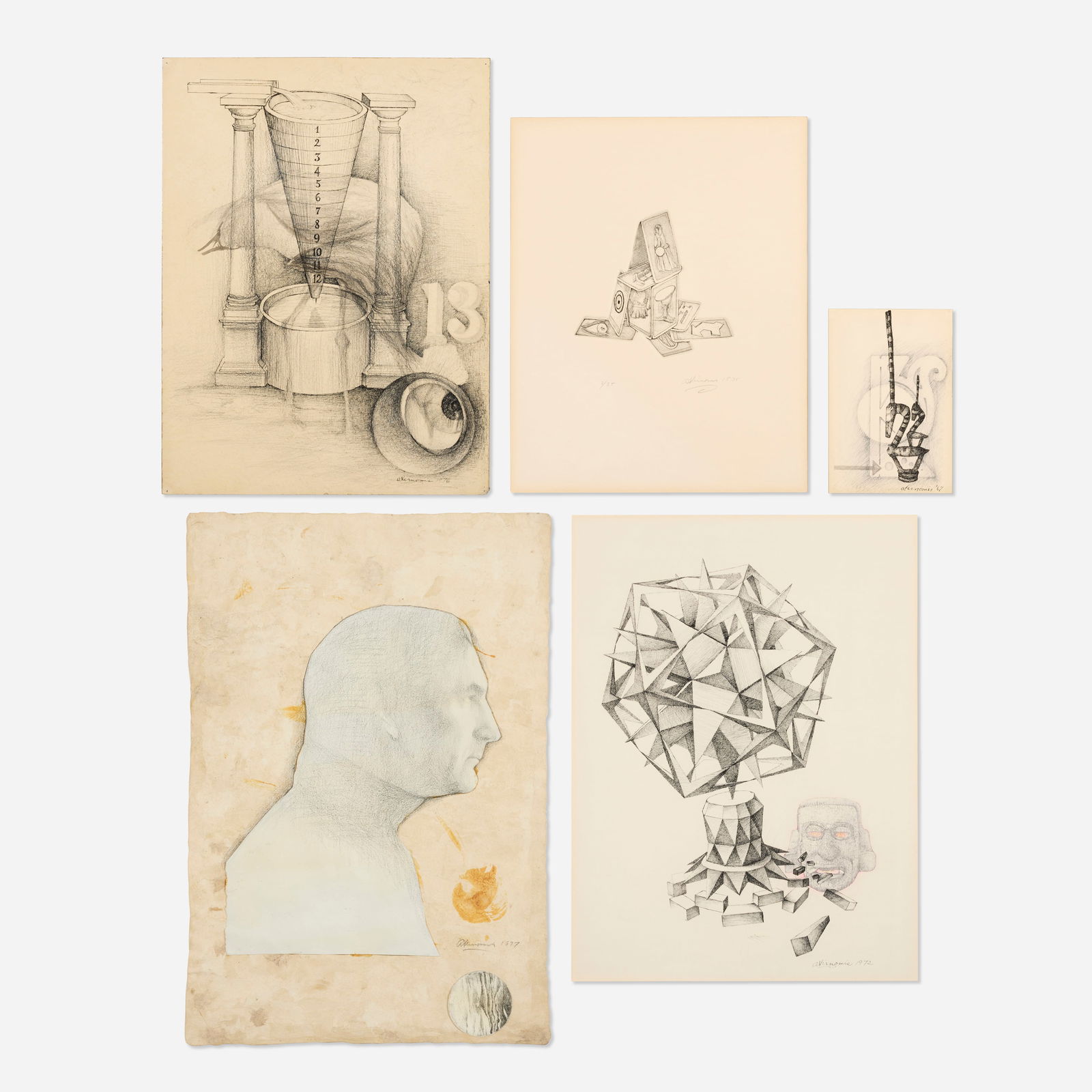 Atirnomis (Rita Simon), Five works: Atirnomis (Rita Simon) Five works 1967-77mixed media paper collage, ink and graphite on paper, etching sight (largest):: 23.375 h × 17.50 w in (59 × 44 cm) sight (smallest):: 8.50 h