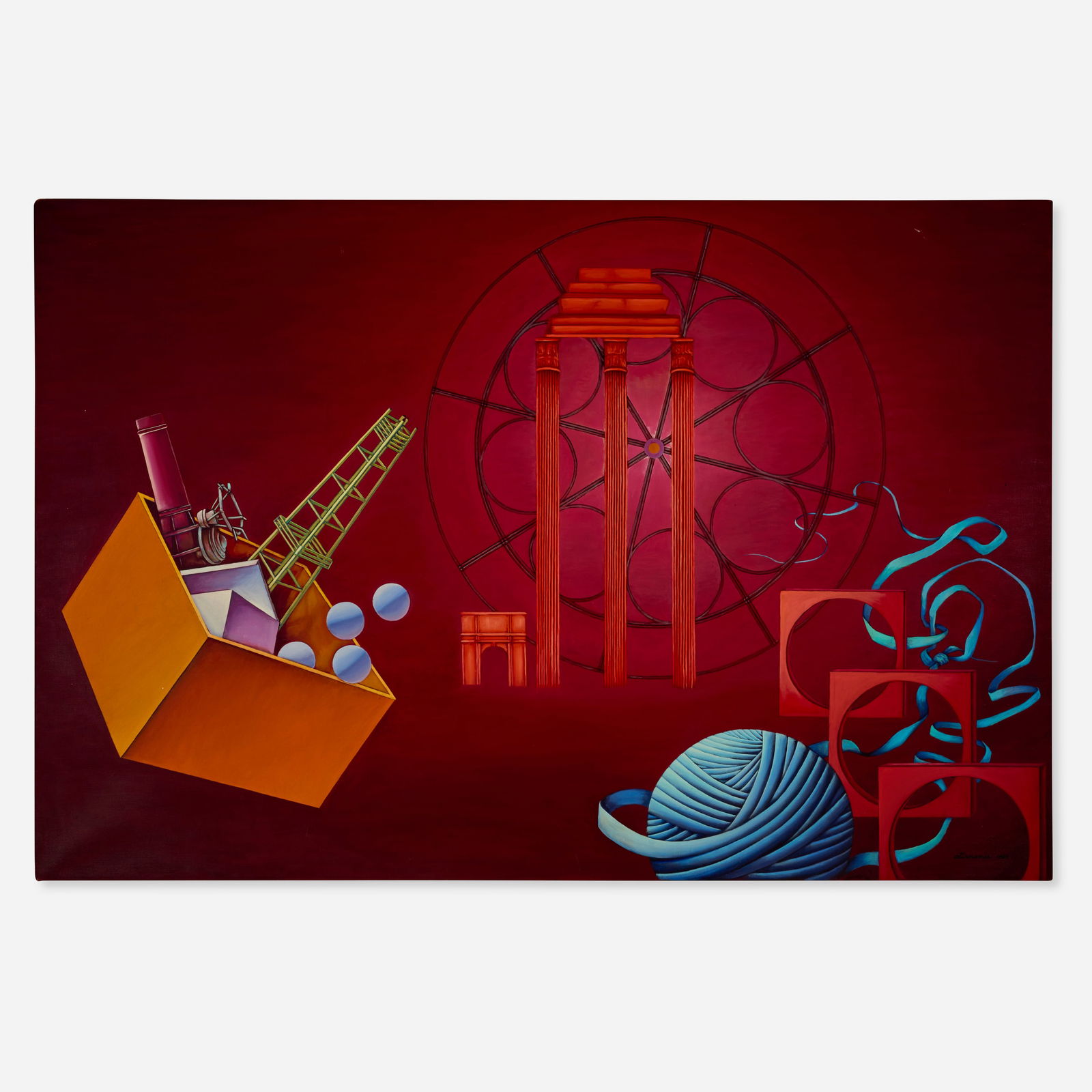 Atirnomis (Rita Simon), Dark Maroon with Blue Ribbons & Arch Columns: Atirnomis (Rita Simon) Dark Maroon with Blue Ribbons & Arch Columns 1968oil on canvas 40.25 h × 60.125 w in (102 × 153 cm) Signed and dated to lower right ‘Atirnomis 1968&