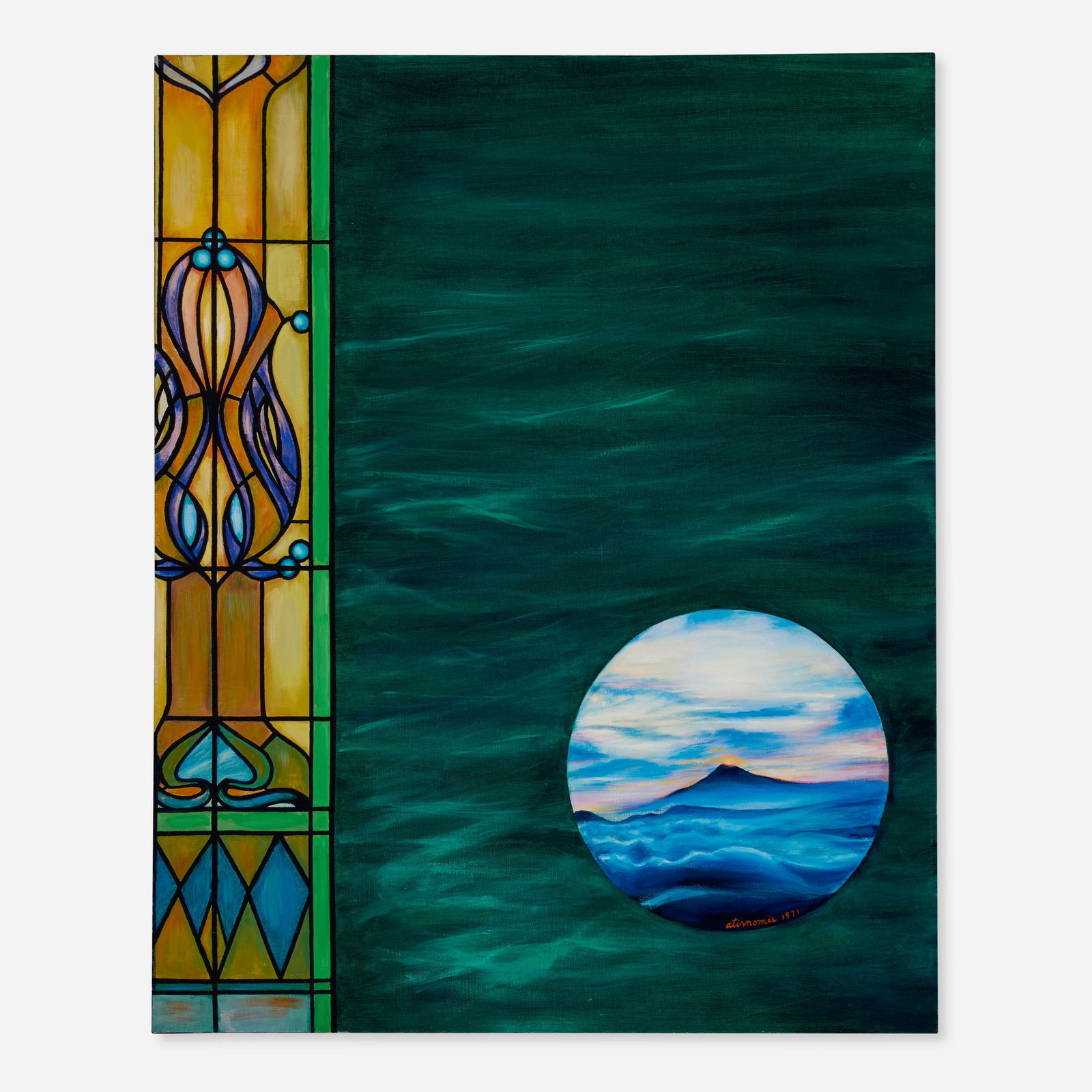 Atirnomis (Rita Simon), Stained Glass Window: Atirnomis (Rita Simon) Stained Glass Window 1971oil on canvas 30 h × 24 w in (76 × 61 cm) Signed and dated to lower right ‘Atirnomis 1971’. This
