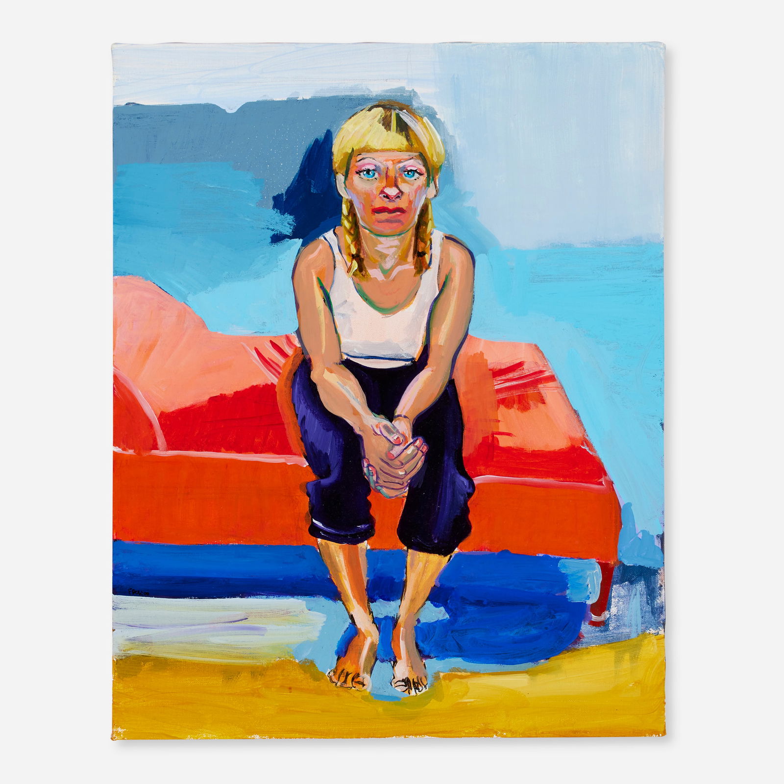 Mary Esch, Amy Seated on Chaise: Mary Esch Amy Seated on Chaise 2000oil on canvas 20 h × 16 w in (51 × 41 cm) Signed, titled and dated to verso ‘Amy Seated on Chaise Esch 2000’.