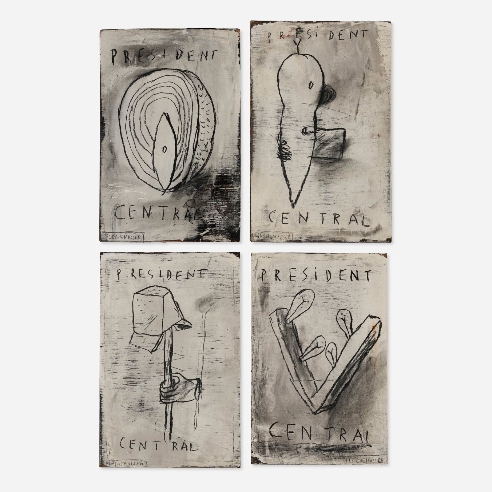Jacques Flèchemuller, President Central: Jacques Flèchemuller President Central graphite and gesso on four panels 12.125 h × 7.875 w in (31 × 20 cm) Signed to lower edge of each ‘Flechemuller’. <