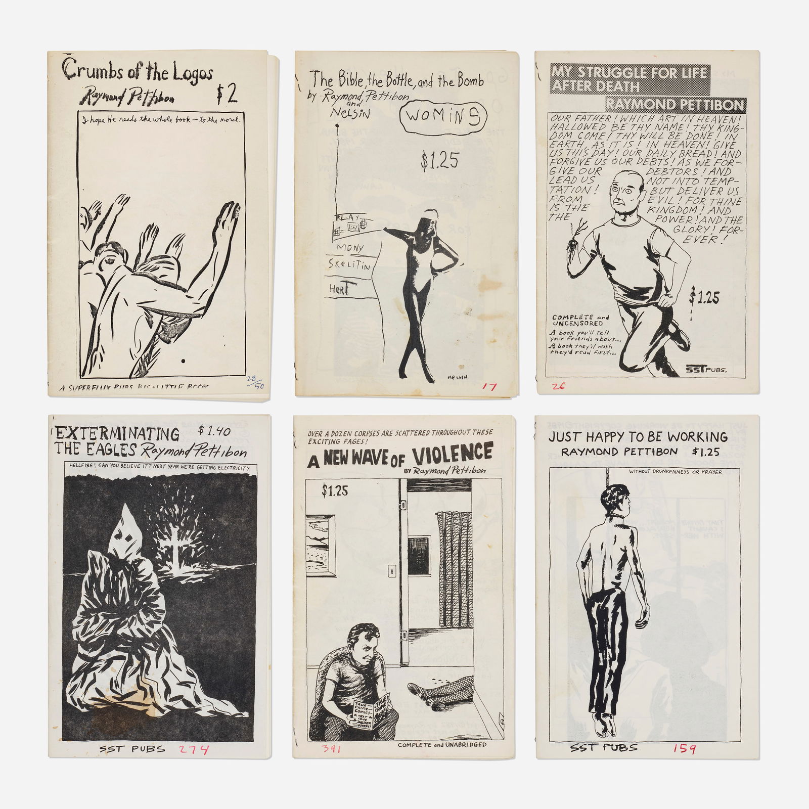 Raymond Pettibon, Collection of six zines: Raymond Pettibon Collection of six zines 1982-1990staple-bound offset lithographs 8.5 h × 5.5 w in (22 × 14 cm) This work will ship from Los Angeles, California