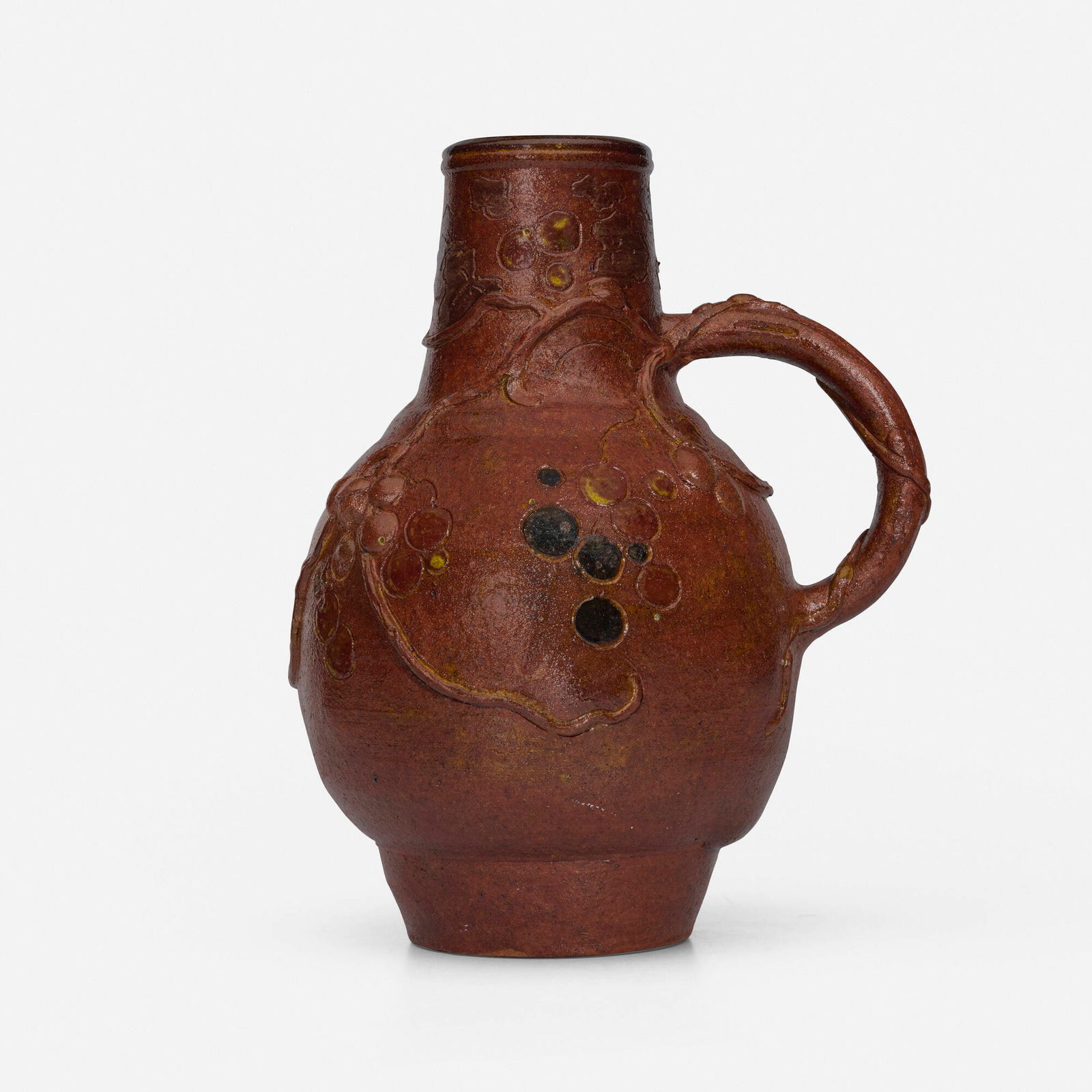 Ernest Chaplet for Haviland & Co., Pitcher with grape clusters: Ernest Chaplet for Haviland & Co. Pitcher with grape clusters France, c. 1885glazed stoneware 10.5 h x 8.5 w x 7 d in (27 x 22 x 18 cm) Impressed manufacturer's mark and number to underside 'H