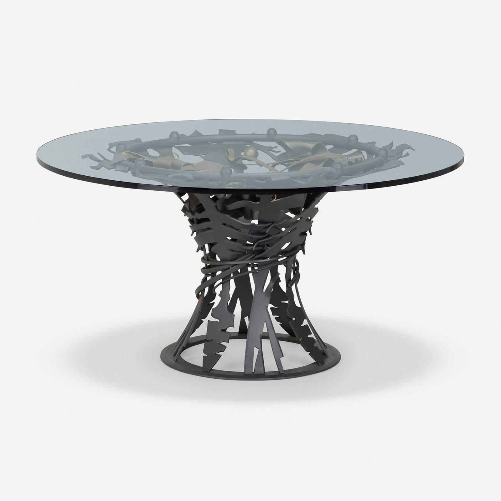 Albert Paley, Breakfast table: Albert Paley Breakfast table USA, 2006forged and fabricated steel with blackened and polychromed finish, glass 28.75 h x 50 dia in (73 x 127 cm) Impressed signature to base 'Albert Paley'. Thi