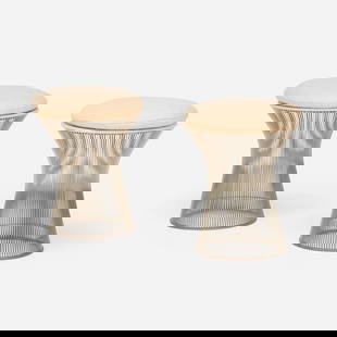 Warren Platner, Stools model 1719, pair: Warren Platner Stools model 1719, pair Knoll InternationalUSA, 1966 / 1980chrome-plated steel, wool upholstery 21 h x 17 dia in (53 x 43 cm) Paper distributor's label to seat cushion of
