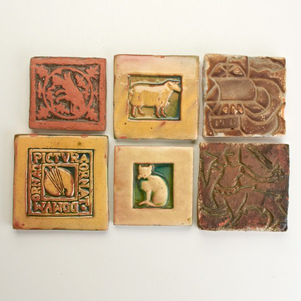 MORAVIAN TILE WORKS: Thirty assorted tiles in various designs, Doylestown, PA, 20th c.; Some marked; Most: 4" sq.