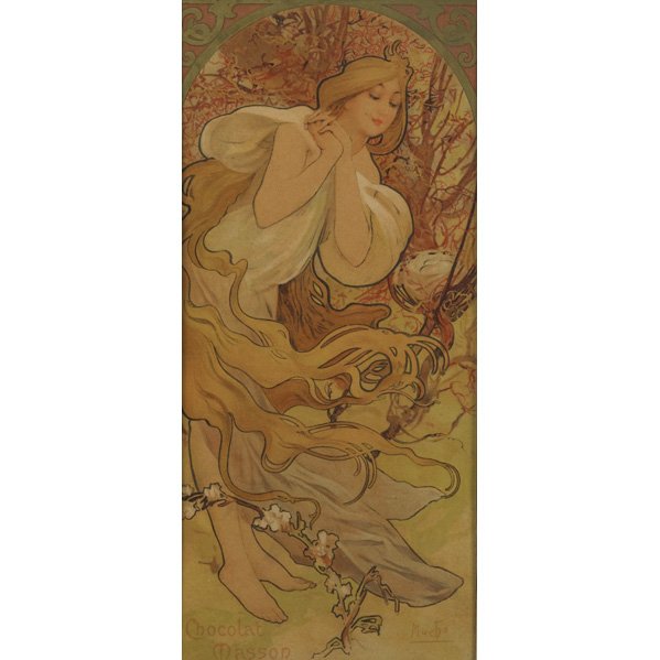 AFTER ALPHONSE MUCHA (Czech, 1860-1939): Four Art Nouveau chromolithograph chocolate advertisements (all framed); Ea: 12" x 5 1/4" (sight)