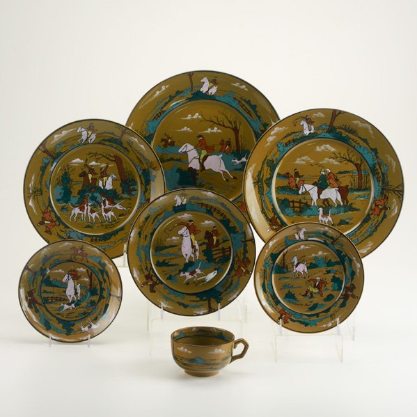 BUFFALO POTTERY: Deldare Ware "Fallowfield Hunt", Five plates and cup and saucer: "The Start," "Breaking Cover," and "The Death," Marked; Largest plate: 10 1/4" dia.