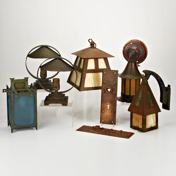 ARTS & CRAFTS LIGHTING: Eight pieces: pair of desk lamps, two sconces and hanging lantern, together with pair of door plates, c.1900; Copper, brass, iron, slag glass; Unmarked; Hanging lantern 8 1/2" x 7 1/4" sq.