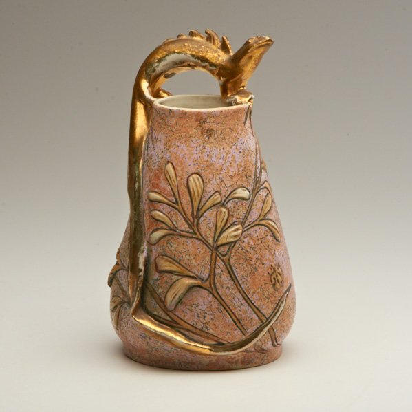 AMPHORA: Vase with lizard, Czech ca.1900; Blue oval underglase stamp "Made in Austria Amphora"; 7 3/4" x 5" dia.