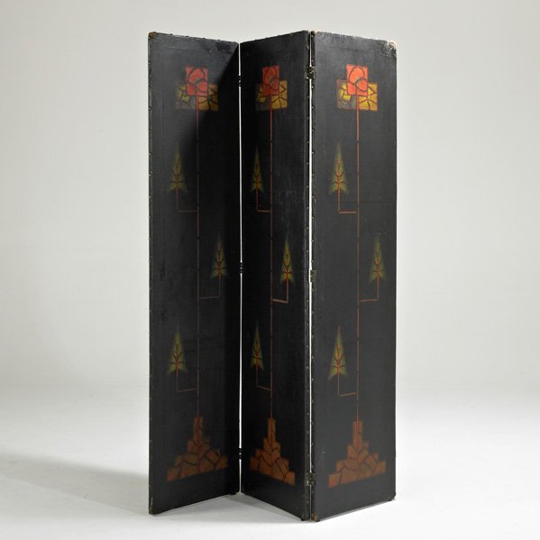 GLASGOW SCHOOL: Three-panel folding screen, ca. 1900; Stenciled canvas and brass; Unmarked; Each panel: 68 1/2" x 17"