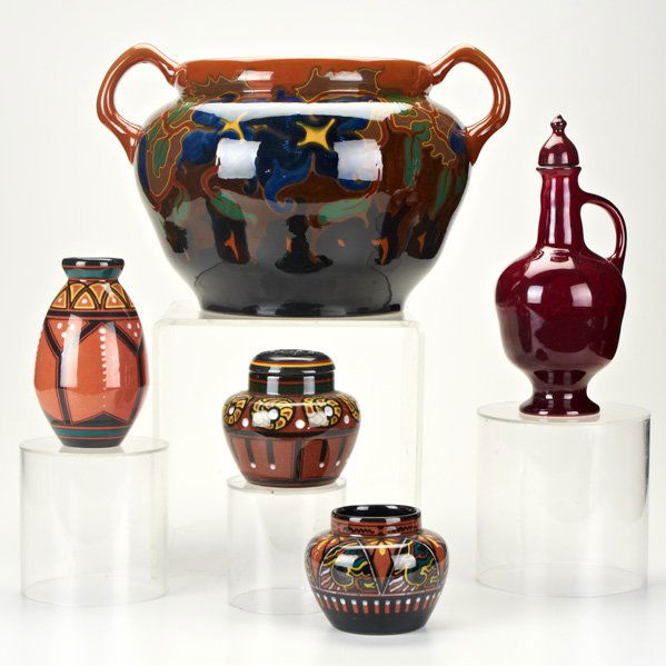 ZENITH GOUDA; ED ANTHEUNIS: Five pieces: Zenith Clematis jardiniere and Fire bottle, three Ed Antheunis vases: Rola, Bagdhad and Rolf, Gouda, Netherlands cA.1920; All marked; Jardiniere: 10" x 15 1/2" x 13" dia.