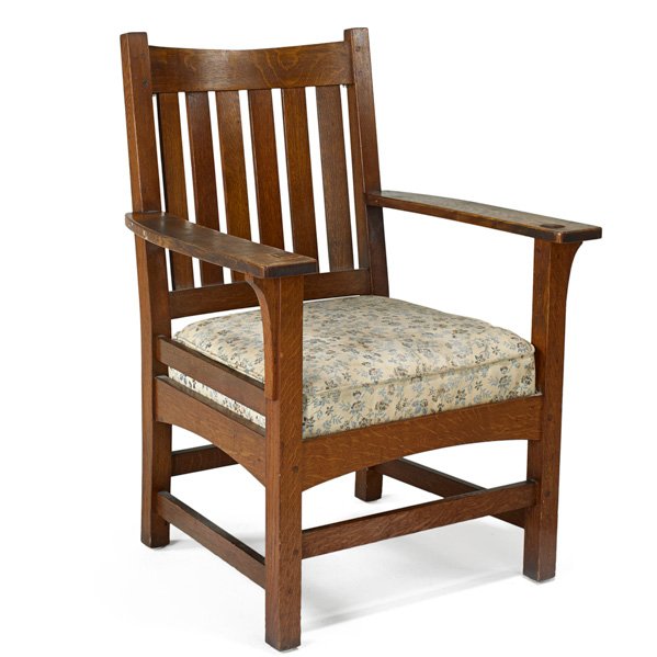 L & J. G. STICKLEY: Slat-back armchair; Oak and upholstery; Decal; 38" x 28" x 23 1/2"