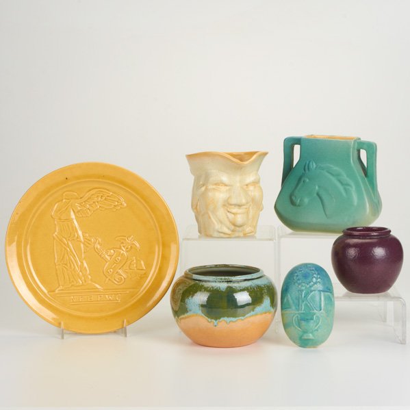FORT HAYS; KANSAS STATE COLLEGE: Six vessels: double-handled vase with horse, toby mug, bowl in green drip glaze, mauve glaze cabinet vase, NFBPWC charger, and Delta Kappa Gamma paperweight; Most marked; Charger: 9" dia.