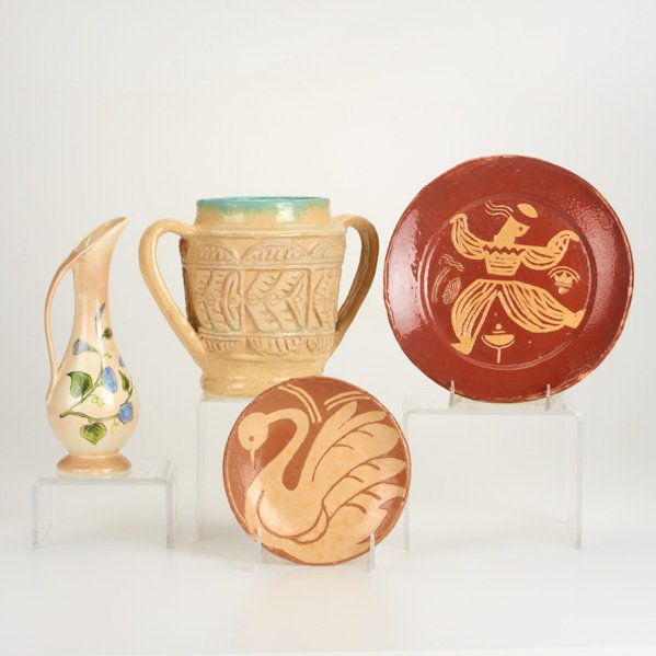 LENOX SCHOOL; SCHOOL OF THE OZARKS, ETC: Four pieces: Lenox School two-handled vessel with carved body in ivory glaze, School of the Ozarks pitcher with painted Morning Glories, and two Hartford High School redware chargers with carved swan 