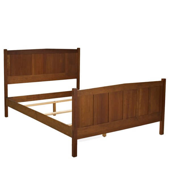 STICKLEY BY E.J AUDI: Contemporary cherry wood queen-sized bed ( 91-0620B-703), Manlius, NY, 2000s; Branded; Overall: 47 1/2" x 63 1/4" x 87 1/2"