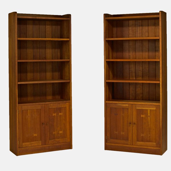 STICKLEY BY E.J AUDI: Contemporary pair of cherry wood bookcases, Manlius, NY, 2000s; Branded; Each: 80" x 34" x 12"