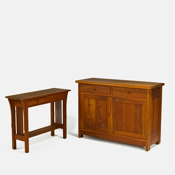 STICKLEY BY E.J AUDI: Contemporary cherry wood buffet (91-1727-703) and console table (91-0858703), Manlius, NY; Branded; Buffet: 34 1/2" x 47" x 18" console" 20" x 38" x 13"