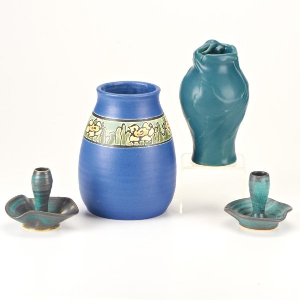 CONTEMPORARY ARTS & CRAFTS: Four pieces: Ephraim Pottery vase, pair of Pewabic candlesticks, and reproduction Van Briggle Lorelai vase; All marked; Tallest: 7 1/2"