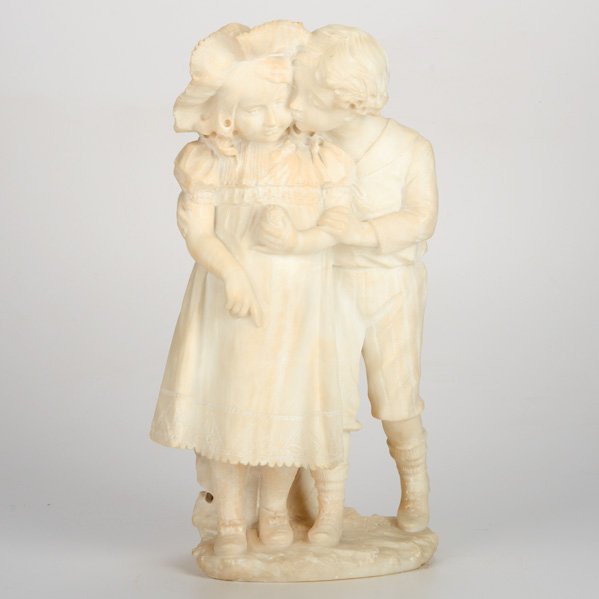 ALABASTER STATUE: Young boy kissing girl, 20th c.; Unmarked; 18 1/2" x 11" x 6 1/2"