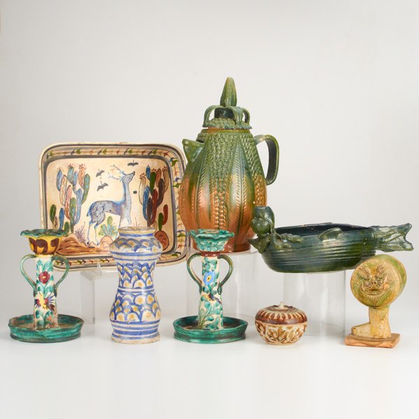 FAIENCE: Eight pieces, Italian/Mexican 20th c.: coffee pot, tray, bowl, pair of candlesticks, vase, lidded box, and face sculpture; Most marked; Coffee pot: 14 1/2"