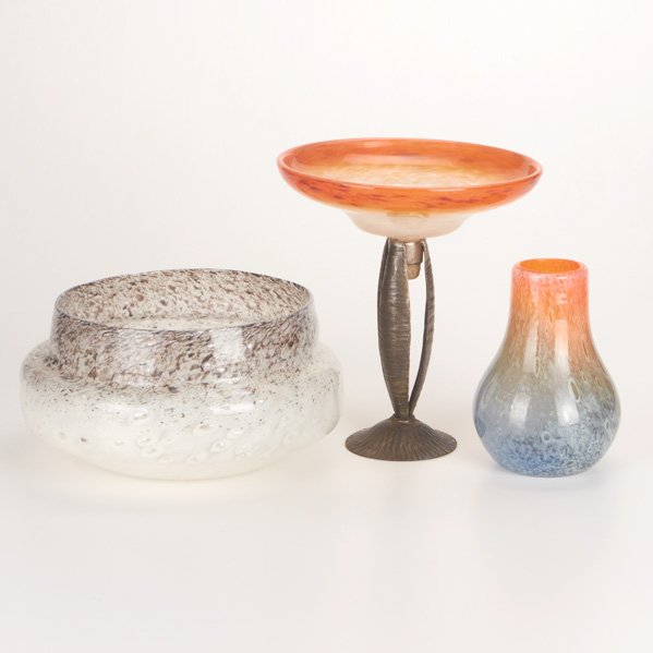 SCHNEIDER AND STEUBEN (Attr.): Three glass vessels with controlled bubbles: vase and compote on iron stand, France c.1930, marked SCHNEIDER; Center piece bowl attributed to Steuben; Tallest: 9 1/2"