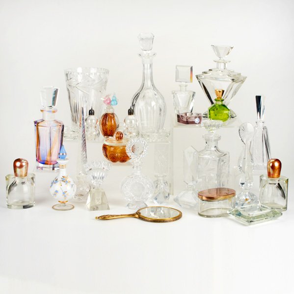 ITALIAN/CZECH GLASS, ETC: Approximately twenty-nine pieces including perfume bottles, decanters, ashtrays, vase, dresser set, salt and pepper shaker set; Many marked for Irving Rice; Tallest 13 1/2"